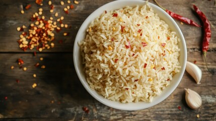 Freshly cooked rice in a white ceramic bowl on a rustic wooden table, with garlic and chili flakes nearby.