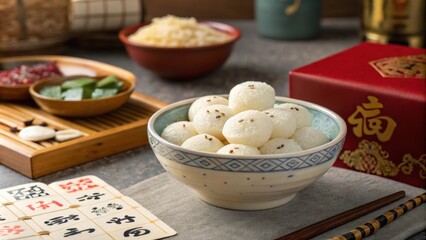 A bowl of sweet rice balls sits invitingly on the table adding a traditional touch to the gathering. The mahjong game is in full swing with academic discussions about strategies