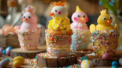 painted chicken egg and delicious easter cake decorated with sprinkles