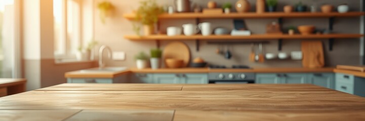 Cozy kitchen interior showcases wooden table and rustic decor with warm lighting in a contemporary home setting