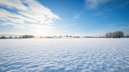 A snowy field with a blue sky and a fence in the background