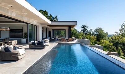 Fototapeta premium residence with an infinity pool, modern outdoor lounge area, and sleek furniture
