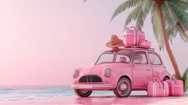 Pink vintage car on beach at sunset with luggage.