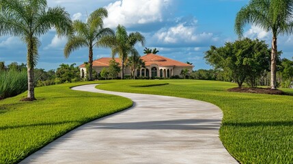 Fototapeta premium A winding path leads to a luxurious home surrounded by lush greenery and palm trees.