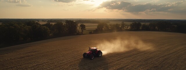 Fototapeta premium Tractor spraying cornfield for pest control, highlighting agricultural machinery and crop protection in farming.