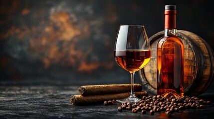 A glass of cognac next to a barrel of coffee beans