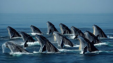 Fototapeta premium Group of humpback whales diving simultaneously, their tails aligned in a mesmerizing pattern in the open ocean.