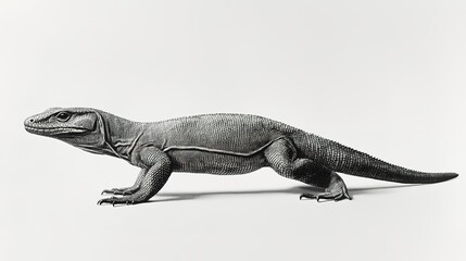 Fototapeta premium A realistic depiction of a lizard-like creature showcasing detailed scales and a long body, rendered in a monochrome style against a plain background.
