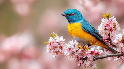 Obraz premium A colorful bird sitting on a branch of a tree with pink flowers
