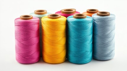 A row of colorful yarns are displayed in a row