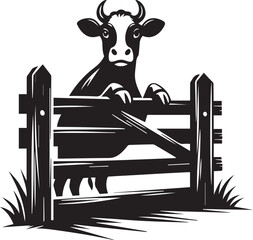 A cow peeking over the top of a broken gate vector black silhouette