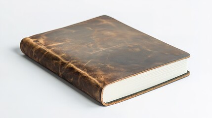 Obraz premium A vintage leather-bound book with a worn cover, resting on a light background, exuding a sense of history and timelessness.