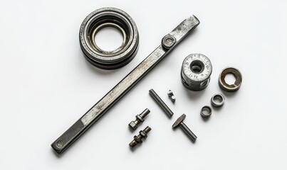 Metal parts, tools, and fasteners arranged on white.
