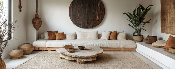 Minimalist living room with natural decor and large round art piece