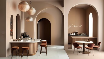 Contemporary interior in PANTONE 17-1230 Mocha Mousse, chic furniture arrangement and artistic decor elements