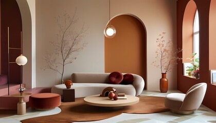 Modern and elegant Mocha Mousse living area, neutral color palette with curved furniture and soft textures