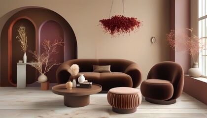 Minimalist living room in Mocha Mousse tones, stylish furniture and calming ambiance for modern interiors