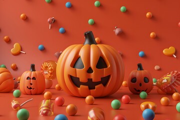 Fototapeta premium Festive Halloween Scene with Colorful Pumpkins and Candy