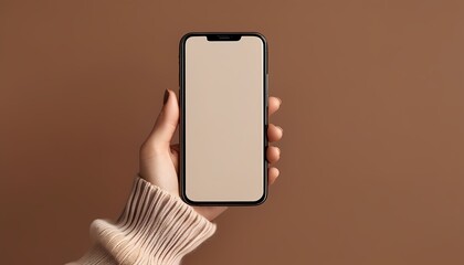 Modern phone mockup in hand, neutral PANTONE 17-1230 Mocha Mousse backdrop, simple and elegant design