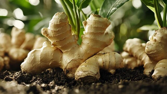 Fresh ginger roots growing in rich soil under green foliage in a garden setting