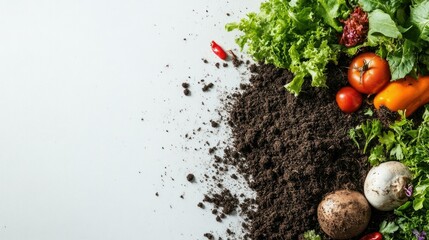 Fototapeta premium Fresh vegetables and soil arranged artistically for a healthy lifestyle concept.