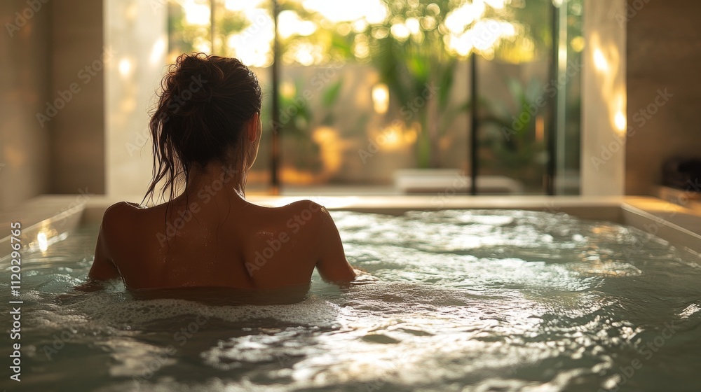 Aufkleber a woman sits in a warm bath, her back to the viewer, as soft sunlight filters in through large windo