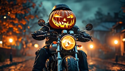 Jack-o'-lantern-headed motorcyclist on a night ride, illuminated by glowing pumpkins in a haunting setting