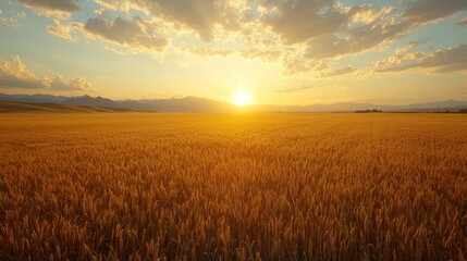 A field of ripe wheat under a cloudy sky at sunset