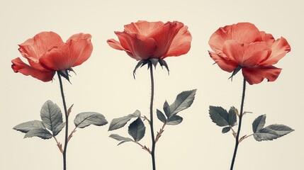 Three red roses with green leaves on a white background