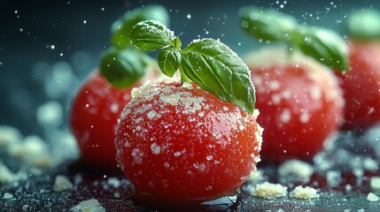 A close up of three tomatoes with a basil leaf on top