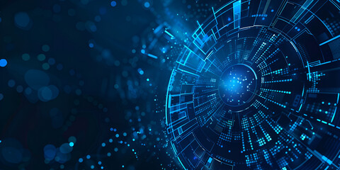 Fototapeta premium Futuristic Blue Digital Network Background with Abstract Circular Patterns and Glowing Technology Elements