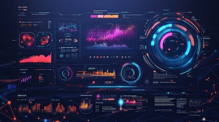 Obraz premium Futuristic data visualization interface displaying graphs and metrics for analysis.