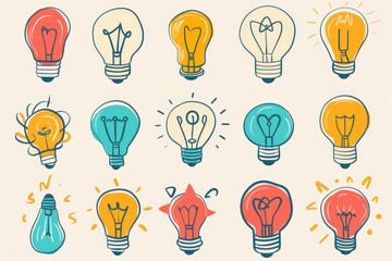 Naklejka premium Graffiti light bulbs, lamp icon silhouettes set, lightbulbs isolated, doodle sketched bulbs, creativity idea