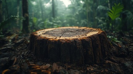 Tree stump in a lush, misty rainforest.