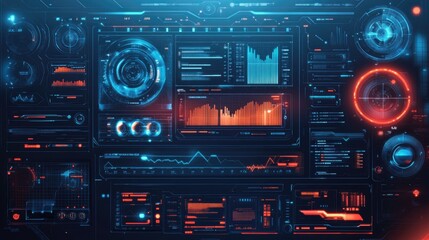Obraz premium Futuristic digital dashboard displaying data analytics and visualizations in vibrant colors.