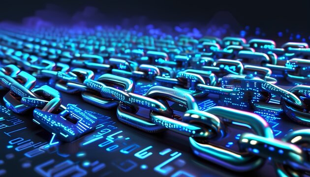 Conceptual Bitcoin blockchain chain on a digital background, showcasing cryptocurrency and secure technology