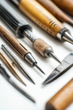 Pointed tools, wooden handles, precise instruments.