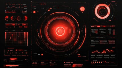 Fototapeta premium Futuristic digital interface with red accents and data visualizations.