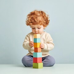 A young child is playing with a tower of blocks, holding a red block in his hand