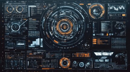Fototapeta premium Futuristic interface displaying data analytics and visualizations in a digital dashboard format.