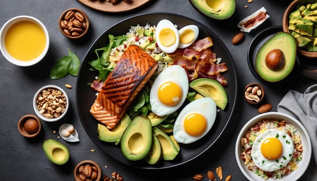 Ketogenic dishes using grilled salmon, grilled stake, eggs, avocados, crisp bacon, coliflower rice salad, nuts chease and other keto diet ingredients,