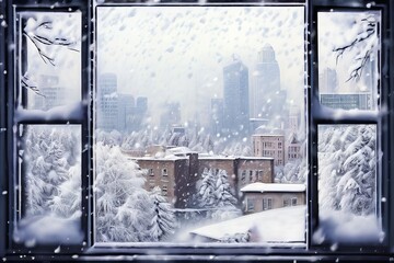 72 snowfall and cityscape a window showing a cityscape with snow