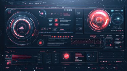 Fototapeta premium Futuristic user interface with data visualizations and controls in red and black tones.
