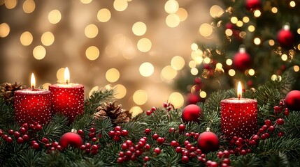 A christmas wreath with red candles and ornaments on it