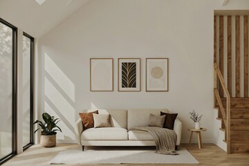 A light-filled room with a beige couch, framed art, and wooden stairs. Large windows are visible.