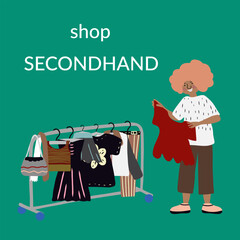 Woman thrifting clothes second hand vector artwork