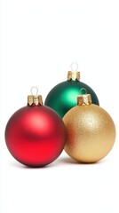 Fototapeta premium Three beautiful Christmas ornaments in red, green, and gold, perfect for holiday decorations and festive celebrations.
