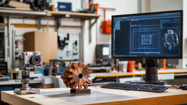 Realistic photo of a reverse engineering setup in a workshop. The scene includes a high-resolution 3D scanner positioned in front of a mechanical part, capturing its intricate details.