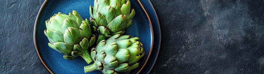 Fototapeta premium Three artichokes on a blue plate. (2)