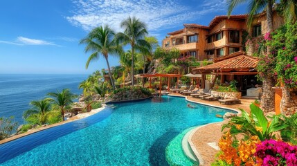 Fototapeta premium Luxurious villa with a pool overlooking the ocean, surrounded by palm trees and vibrant flowers.